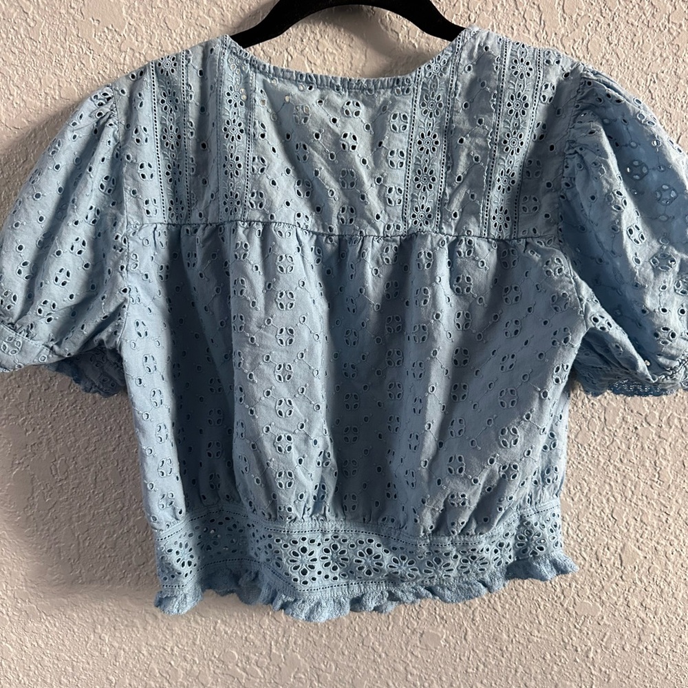 J.Crew Cotton Eyelet Peasant Blouse Light Blue Size XS - Picture 8 of 12